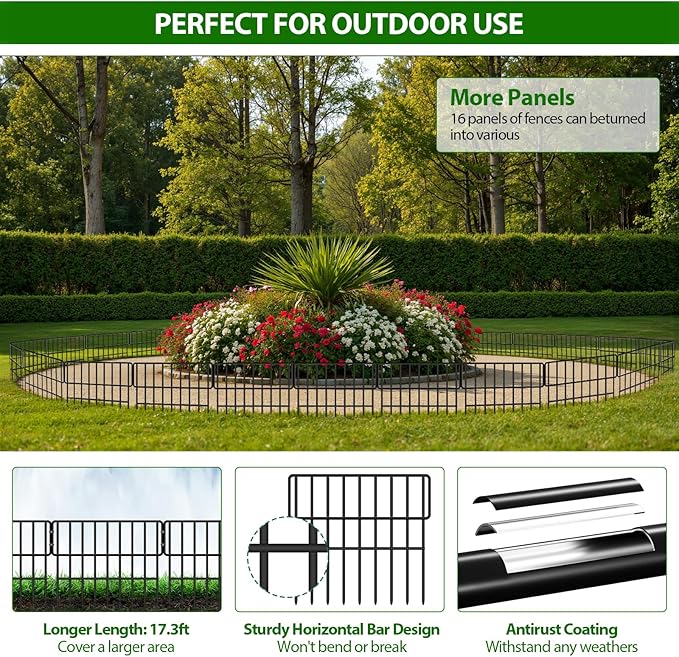 Animal Barrier Fence, 16 Panels No Dig Fence 17.3ft(L) x12in(H), Garden Fences for Rabbits and Dog Ground Defense, Rustproof Metal Fences Border, Fencing Bottom Blocker for Outdoor Yard Patio