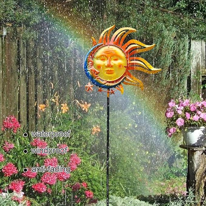 Solar Light Outdoor Garden Decoration Colorful Metal & Glass Sun Moon Star Garden Stake Decorative Waterproof Warm White LED Yard Decor for Pathway Lawn Patio Backyard