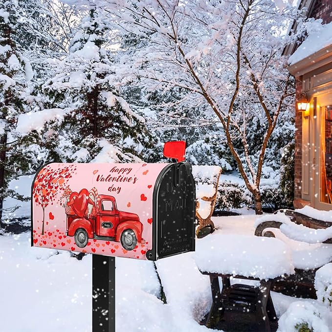 Gnomes Truck Red Valentines Day Mailbox Cover, Standard Size, Waterproof Oxford Fabric, Magnetic, 21x18 Inch