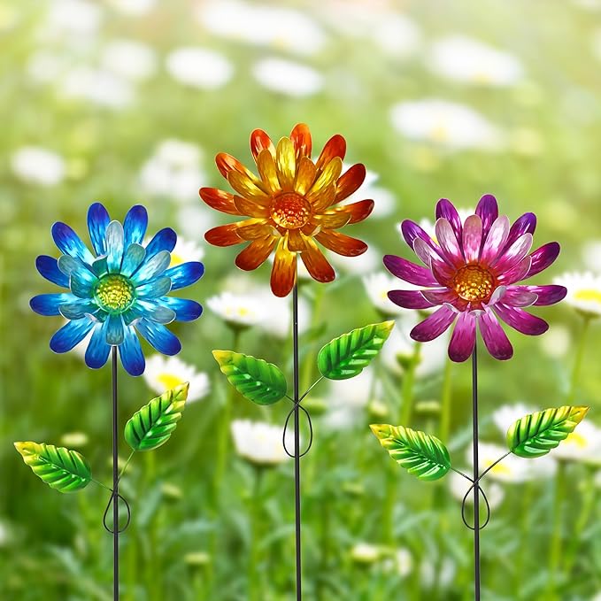 Metal Flower Garden Stake for Outside, 3 Pcs 16" H Outdoor Garden Stakes Decor, Yard Outdoor Ornaments for Patio, Lawn, Patio(Yellow & Purple & Blue)