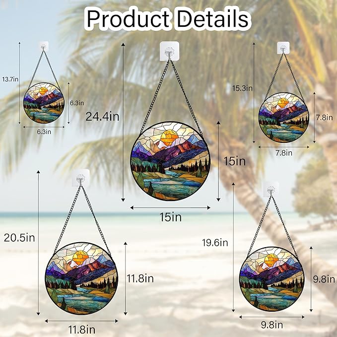 Stained Glass Window Hanging, Blue Lake Golden Sun Abstract Mountains Landscape Suncatcher for Doors Window Home Sun Catchers Decor Mother's Day Birthday Gifts for Women Men Mom 15 in