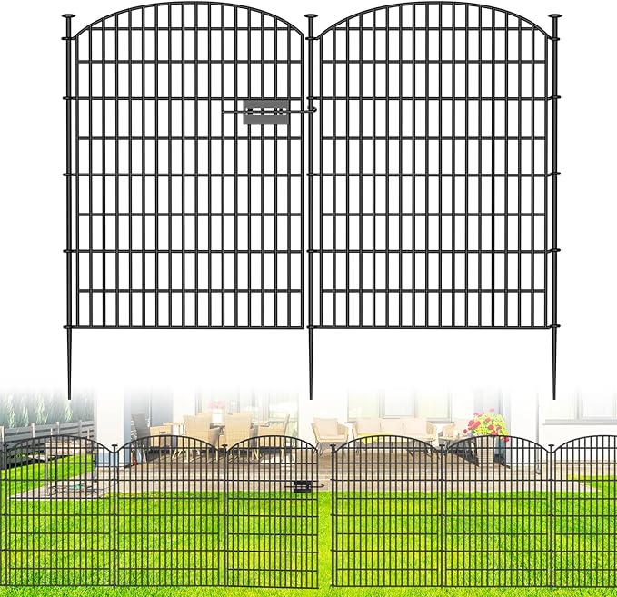 No Dig Decorative Garden Fence 5 Panels with Gate, 40 in (H) x 11.8 ft (L), Dog Fence Outdoor for Yard,Rustproof Metal Animal Barrier Ground Stakes Fencing for Garden, Patio, Flower Bed