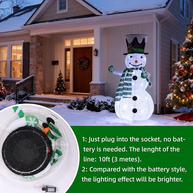 Snowman 3D Christmas Collapsible Decorations,Lighted Outdoor Xmas Large Snowman Garden Décor,Pre-Lit for Indoor/Outside Yard Holiday Decoration (Green)