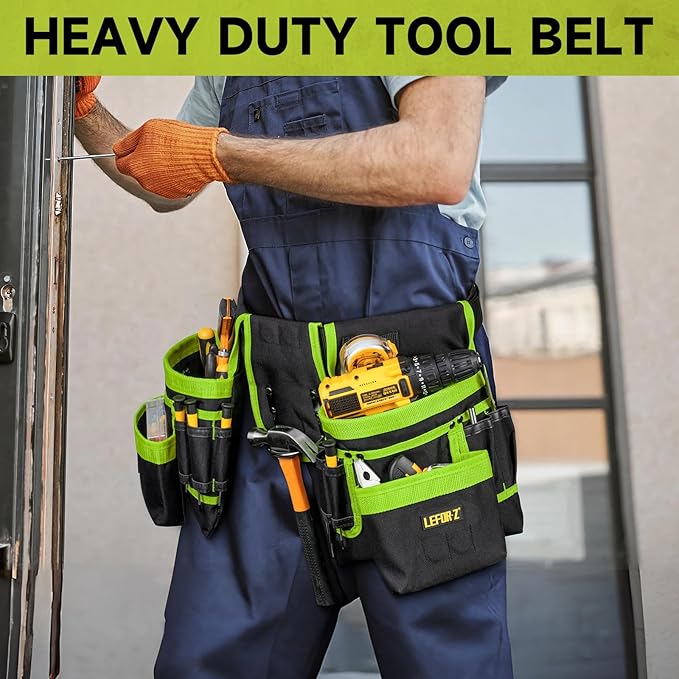 Tool Belt,Magnetic Tool Pouch,27-Pockets Heavy Duty Padded Tool Belts for Men,Detachable & Adjustable Tool Pouch Bag for Electrician,Carpenter,Construction,Work Apron,Utility Belt,Black,Green