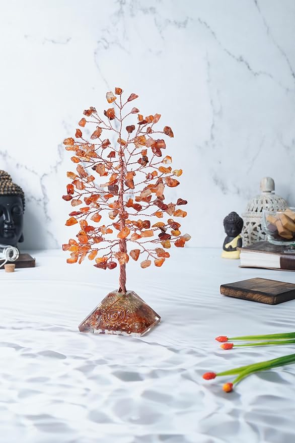 Crocon Carnelian Crystal Tree with Orgone Pyramid Base Desk Decor Healing Crystals Bonsai Tree Orange Gifts for Women Office & Shelf Home Room Decor for Mom Sister Girlfriend Present Housewarming