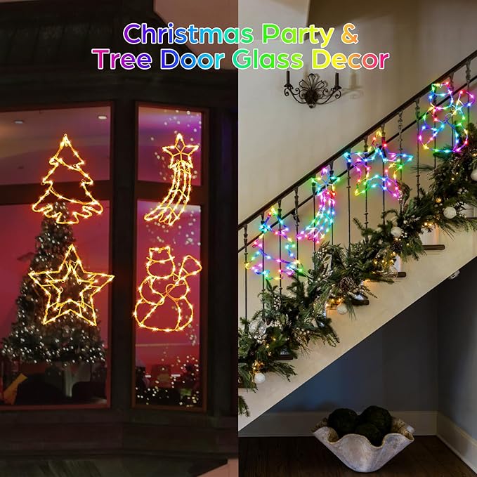 4 Pack Smart Christmas Window Lights, Window Silhouette Lights, Christmas Decorations Indoor,Custom & Preset Modes,APP Control Snowman, Meteor, Christmas Tree, Star for Door Glass