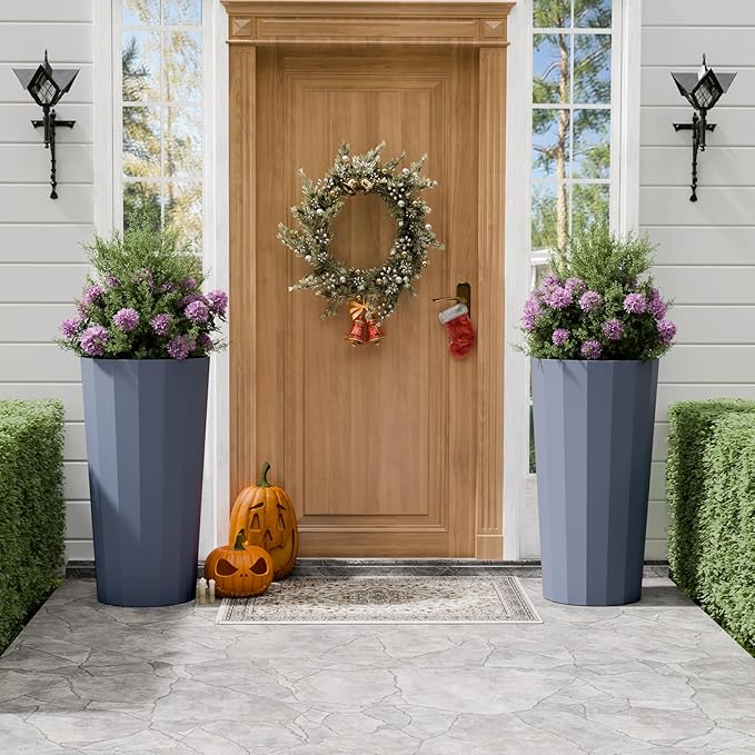 23.6" Tall Planters for Outdoor Plants, Large Outdoor Planters for Porch Decor with Drainage Hole, Wide Stripe Design Flower Pots Fits Indoor Plants Patio/Garden, Plastic Gray Blue (2 Pack)