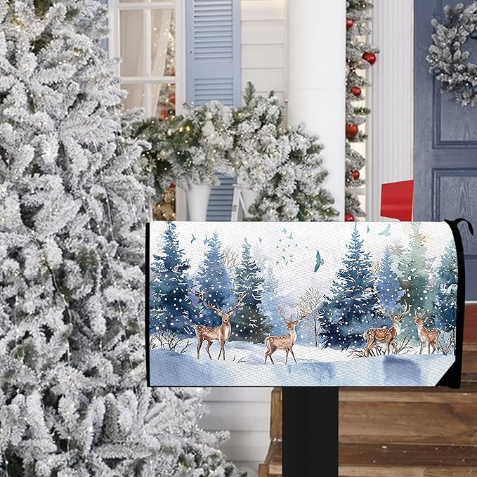 Winter Reindeer Mailbox Cover Magnetic Standard Size 20.5" x 18", Snowy Pine Tree Forest Birds Decorative Post Letter Box Wrap Decor, Christmas Seasonal Garden Yard Outdoor Decoration