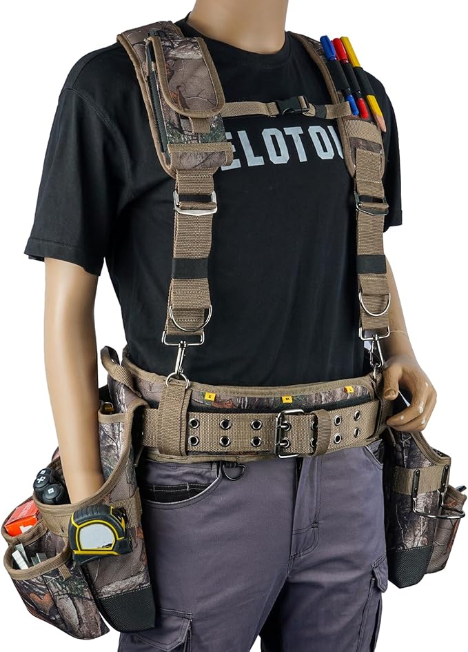 MELOTOUGH Camo Tool Belt with Suspenders Camouflage Tool Bag Supenders Framers Comb Apron Tool Belt Construction Tool Pouch Suspenders Heavy Duty Carpenter Suspension Rig for Electrician
