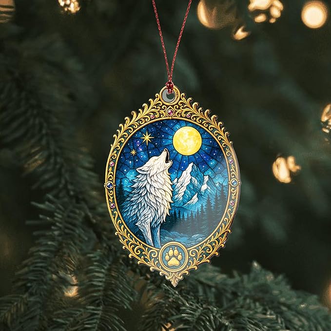 Wolf Ornament – Howling Moon – Night Sky Decor – Animal Spirit Card – Wilderness Gift – Christmas Holiday – Suncatcher Effect Stained Glass Window Hanging – Car Hanging