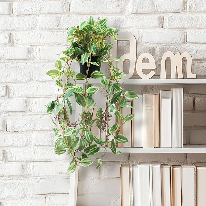 Artificial Hanging Ivy Plants Realistic 3D Watermelon Texture Faux Peperomia Leaves Fake Potting Vine Green Plants for Indoor Outdoor Home Garden Decor