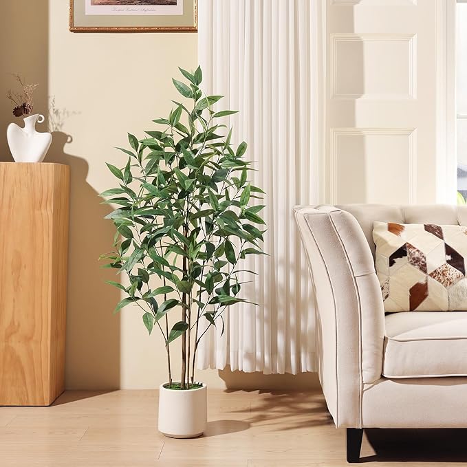 Artificial Eucalyptus Tree,4FT UV Resistant Fake Outdoor Plants,Artificial Plants Indoor with White Planter,Silk Leaves,Faux Tree for Home Decor Floor Porch Liveing Room