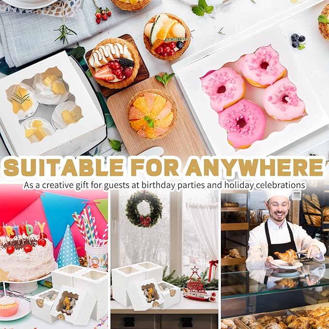30pcs Cookie Boxes with Window, 6x6x3 Inches White Bakery Boxes, 36 Pcs Stickers,for Small Cookies, Treats, Candy, Desserts, Chocolate Covered Strawberries,Mini Cake Boxes