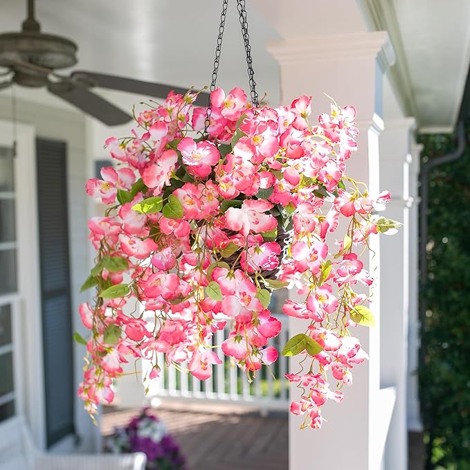 Artificial Hibiscus Fake Hanging Flowers Plants for Outdoors Spring Summer Decoration, 4pcs Pink Silk Hibiscus Long Trailing Vines UV Resistant Realistic Faux Flower for Outside Front Door Porch Patio