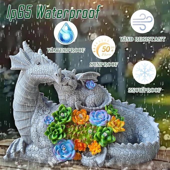 Solar Garden Statues Dragon Figurine Lights, Gardens Statue with Succulents and 6 LED Lights Yard Decorations Outdoor, Solar Light Garden Decor Unique Birthday Housewarming Gifts for Mom