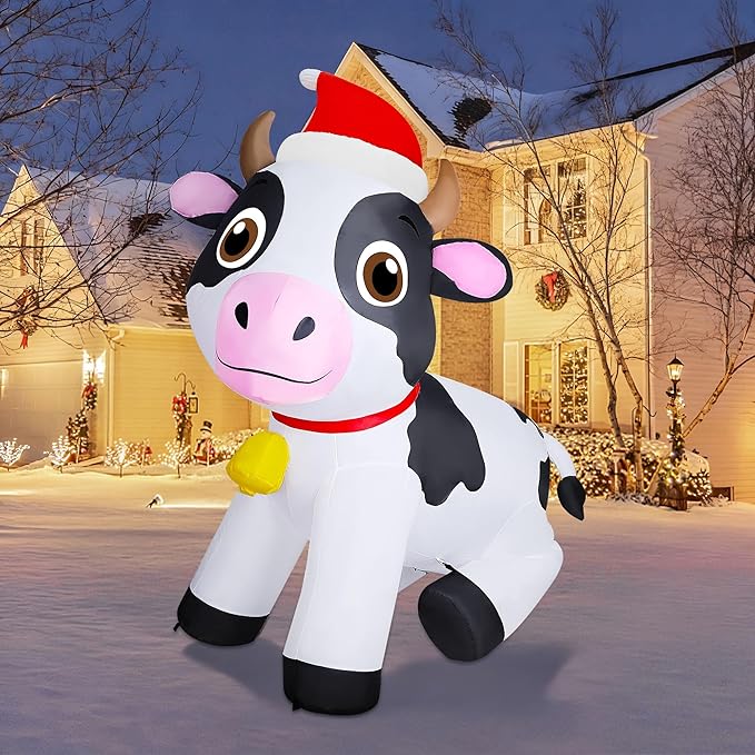 Lulu Home 6FT Christmas Inflatables Cow, Giant Blow Up Dairy Cattle Wearing Santa Hat with Built-in LED Lights, Air-Blown Highland Cow Decoration for Yard Indoor Outdoor Xmas Holiday Display