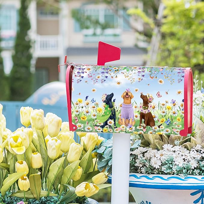 Spring Dog Mailbox Cover with Magnetic 21x18Inch Colorful Wildflower Butterfly Puppy Waterproof Mailbox Wrap Letter Post Cover Standard Size for Garden Yard Outdoor Season Outside Decor
