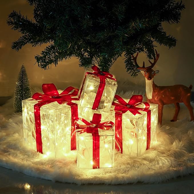 Christmas Lighted Gift Boxes, Pre-lit Lights Gift Boxes Set of 4, Light up Present Boxes Set Battery Operated with Different Sizes for Holiday Indoor Outdoor Decorations(Warm White)