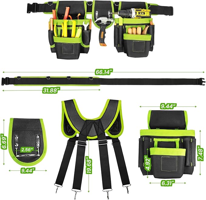 Tool Belt, Professional Tool Belts for Men, Magnetic Tool Pouch With Suspenders, Heavy Duty Detachable Adjustable Utility Belt Work Bags for Electrician, Carpenter (Black and Green, 32"-66")
