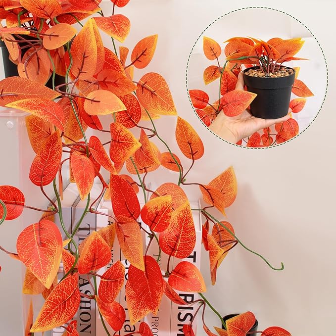 Fake Fall Plants Hanging Faux Orange Vines Artificial Potted Pothos Plant- Fall Decorations Autumn Decor for Thanksgiving Bathroom Wall Kitchen Room Decor Indoor and Outdoor (Black Pot Include)