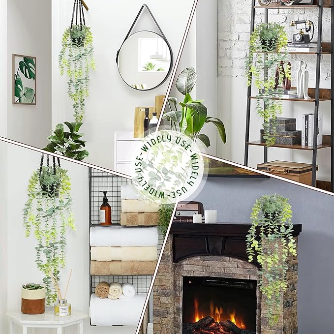 Fake Hanging Eucalyptus Plants Artificial Faux Plants Indoor Small Hanging Greenery Decor for Shelf with Black Pot Soft Green for Living Room, Kitchen, Balcony, Garden, Bedroom