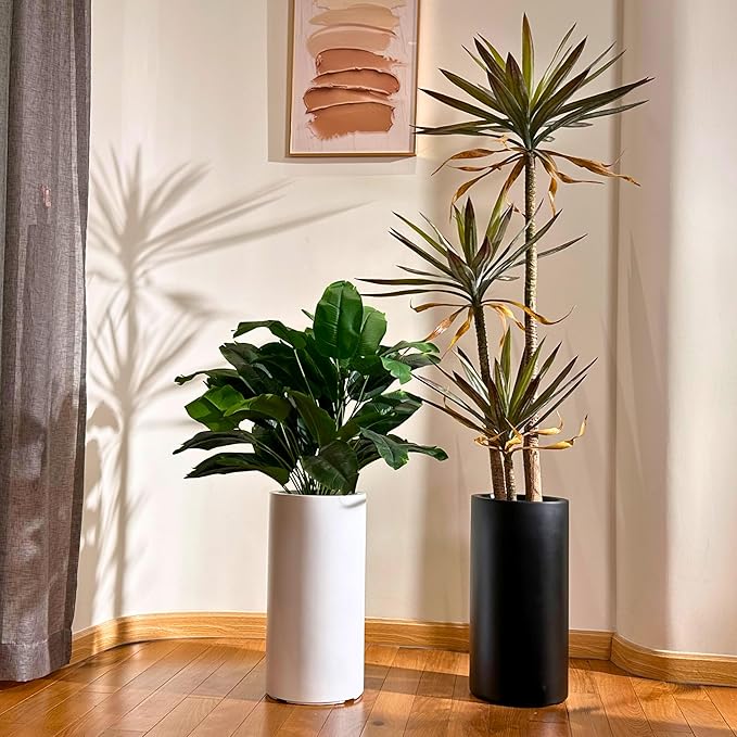 19.5"H x 9.8"D Tubo Fiberstone Cylinder Tall Planter, Christmas Tree Planter, Smooth Finishes, Weather Resistant for Indoor & Outdoor Use, Included 2 Extra Coco Mats (White,8.2" Pot Opening)