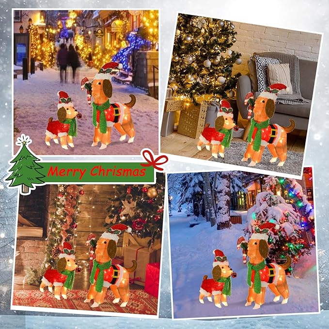 Lighted Outdoor Dog Christmas Decorations, 2 Pack Collapsible Pre-lit Beagle Dog with Candy Cane and Santa Hat Light up Puppy Xmas Decor for Indoor Outdoor Garden Yard Lawn Holiday Display