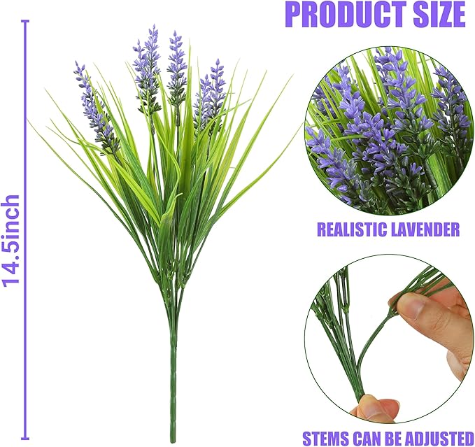 Sggvecsy 12 Bundles Artificial Plants Outdoor Faux Lavender Flowers Fake Monkey Grass UV Resistant Plastic Greenery Plants for Garden Home Porch Window Patio Hanging Planter Indoor Decor (Purple)