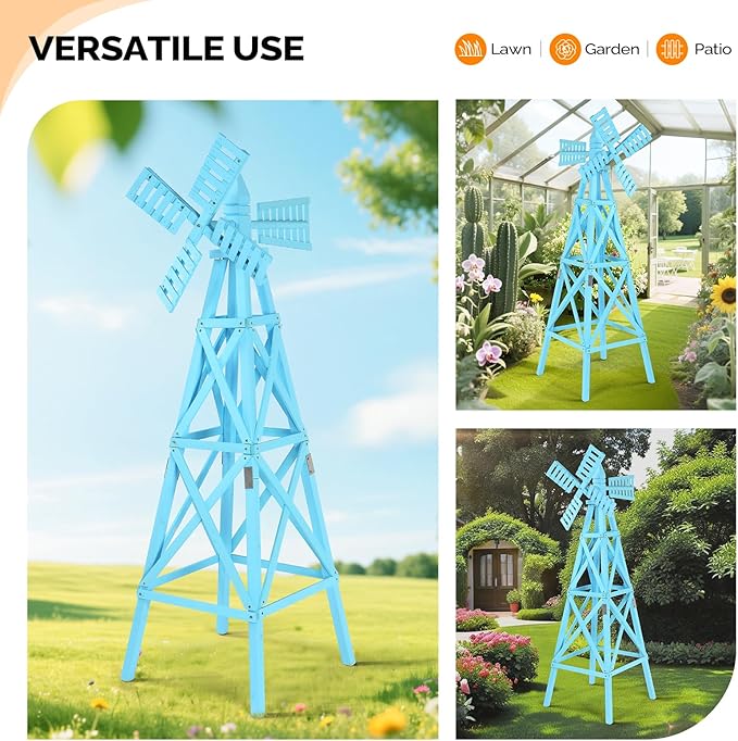 Wooden Windmill, Weather-Proof Wind Spinner, Outdoor Wind Mill for Garden Lawn Patio Decoration (Blue, Large)