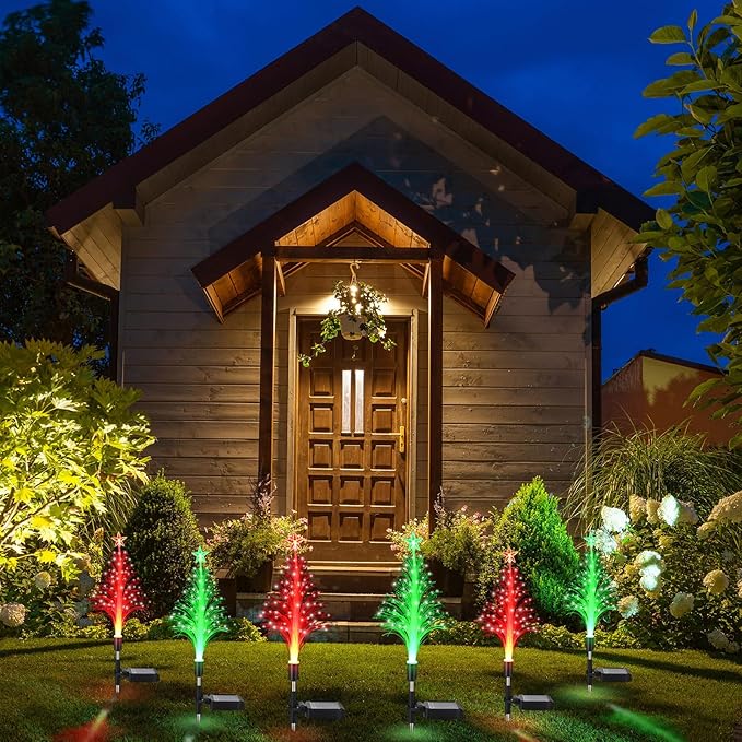 Baquler 2 Pcs Solar Christmas Tree Garden Stake Lights Outdoor Christmas Tree Lighted Yard Decorations Multicolor LED Solar Stakes for Pathway Lawn Patio Xmas Ornament(Bright Style)
