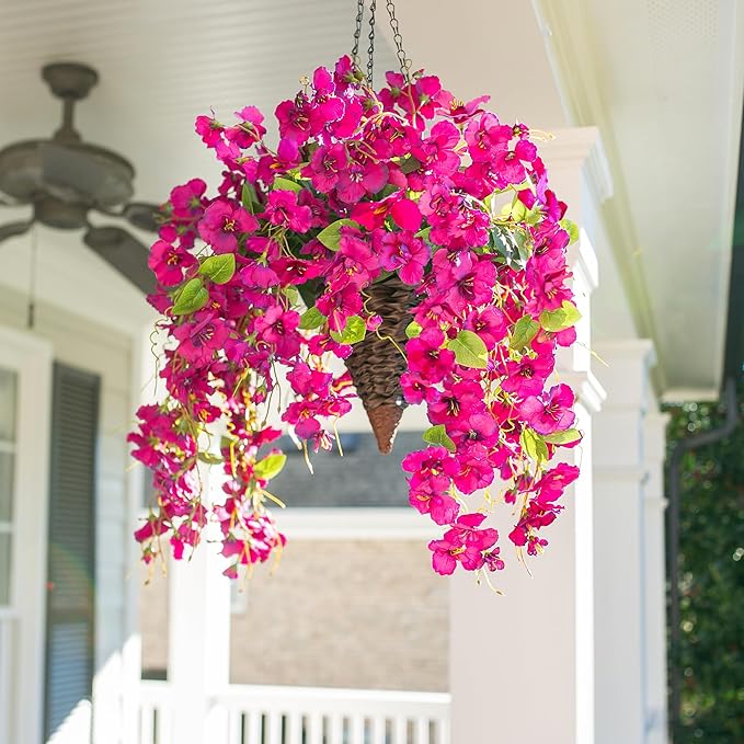 Artificial Hibiscus Fake Hanging Flowers Plants for Outdoors Spring Summer Decor, 4pcs Fuchsia Silk Hibiscus Long Trailing Vines UV Resistant Realistic Faux Flower for Outside Front Door Porch Patio