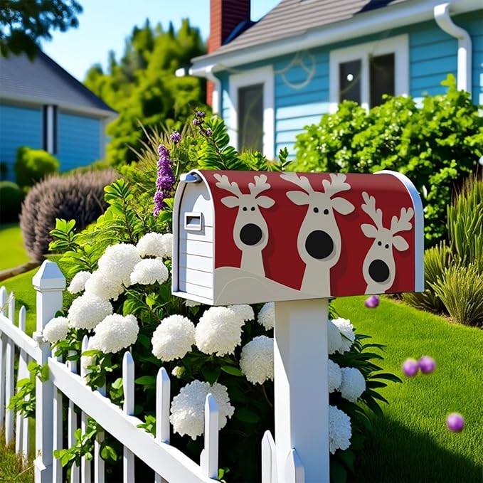 Dark Red Christmas Mailbox Covers Magnetic Standard Size Cute Xmas Deer Print Mailbox Wraps Winter Holiday Themed Outdoor Decorative Letter Box Cases for Home Garden Outside Decor, 21x18 Inch