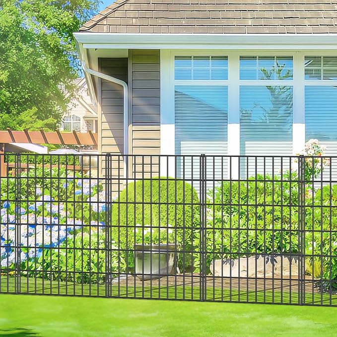 Metal Garden Fence 40in (H) x 11.7ft (L), 5 Panels + 6 Stakes Dog Fence Border Fence Animal Barrier, No Dig Garden Fencing for Yard Flower Bed Lawn Patio Outdoor, PIN402805 Black