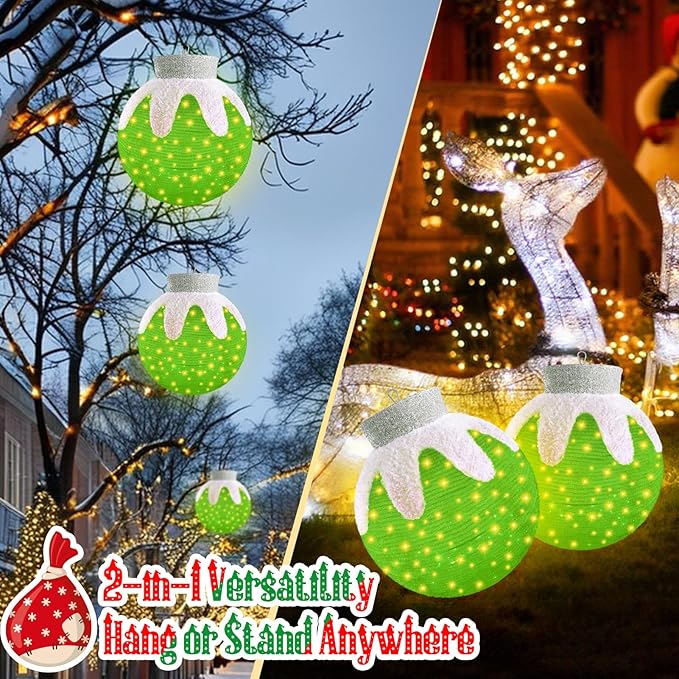 Outdoor Hanging Christmas Ornaments, Lighted Pop-Up Hanging Outdoor Holiday Ball Decoration, 8 Light Modes, Lighted Collapsible Holiday Decorations (Green)