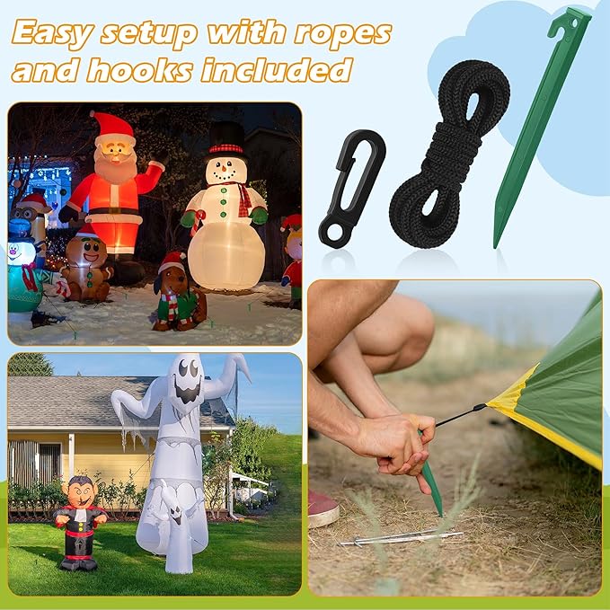 Aodaer 36 Pieces Plastic Inflatable Stakes Set Heavy Duty Halloween Christmas Yard Stake with Ropes and Hooks Anchoring Ground Stake for Xmas Garden Inflatables Accessories, Green
