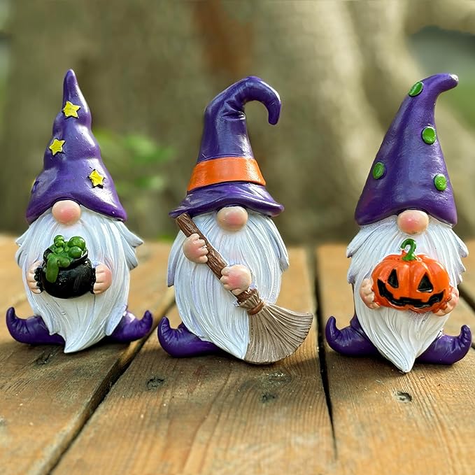 Purple Wizard Witch Gnomes Set of 3 - Mini Resin Figurines for Tiered Tray, Mantel and Gothic Home Decor Storybook Charm Gothic Gnomes Collection