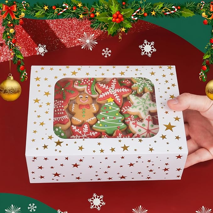 24Pcs Christmas Cookie Boxes with Window - Gold Foil Star Pastry Boxes for Gift Giving, Bakery Boxes, White Christmas Cookie Tins with Lids,Dessert, Donut, Baked Goods Packaging
