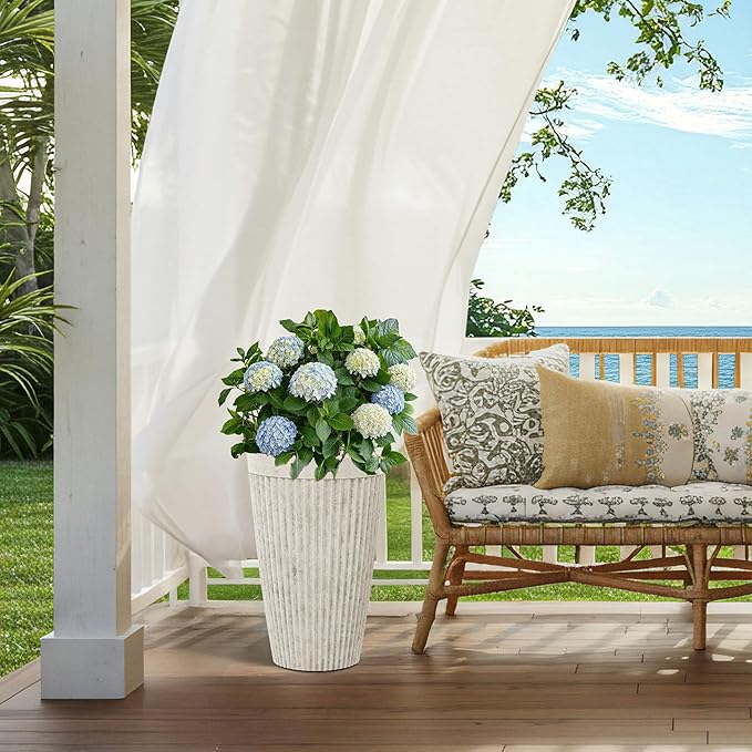 20" Resin Tall Planters for Outdoor Plants,Set of 2 Vintage Ivory Large Flower Pots with Handmade Fluted Texture,Heavy-Duty and Weather-Resistant for Porch Christmas Decor,Garden, Patio