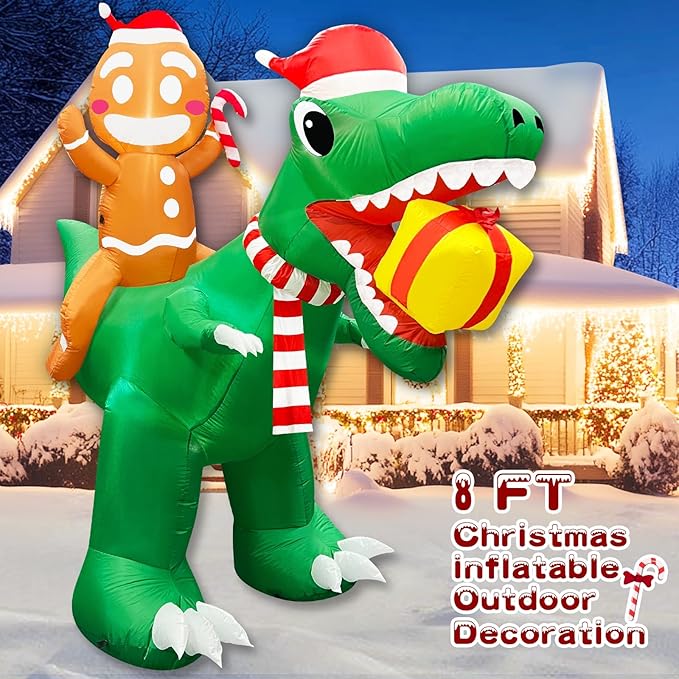 8 Ft Christmas Inflatable Gingerbread Man Ride on Dinosaur with Gift Box Outdoor Decoration Built-in LED Lights, Blow up Christmas Yard Decoration for Party Lawn Holiday Garden Decor Outside