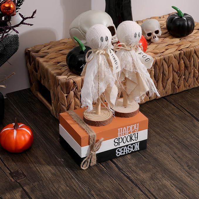 Halloween Decorations Indoor, 1 Set of Happy Spooky Season Wood Faux Books Stack,2 Primitive Halloween Ghosts on Wood Stand & 1 Black Cat Centerpiece for Tiered Tray Table Shelf Decor