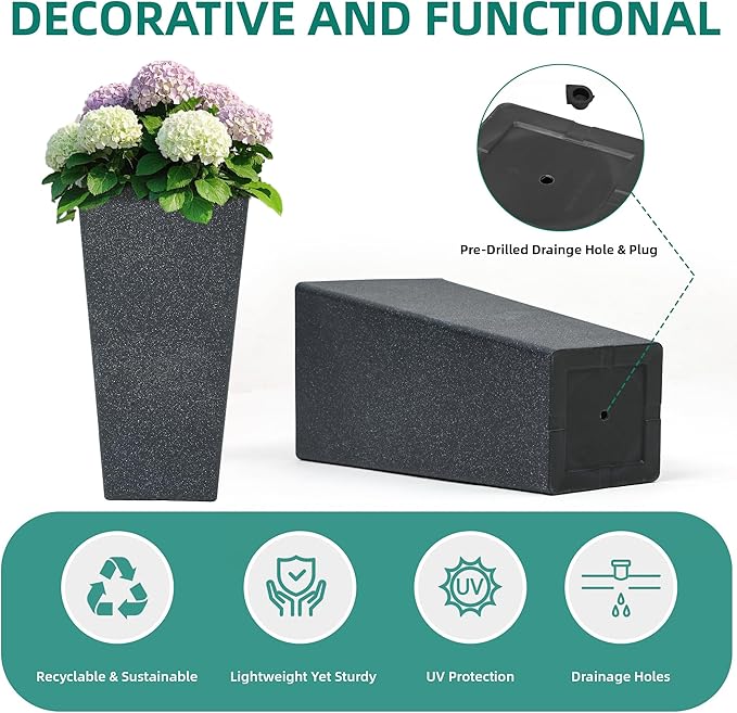 28" Large Planters Tall Square Planter for Plants Outdoor Set of 2 V-Shaped Flower Pot Black Terrazzo Garden Plants Pots, Durable and Weather-Resistant for Patio, Porch Home