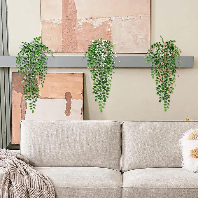 Artificial Hanging Plants, 2Pcs Fake Ivy Vine Artificial Ivy Leaves with Purple Flowers for Wedding Wall House Room Patio Indoor Outdoor Home Office Decor Purple