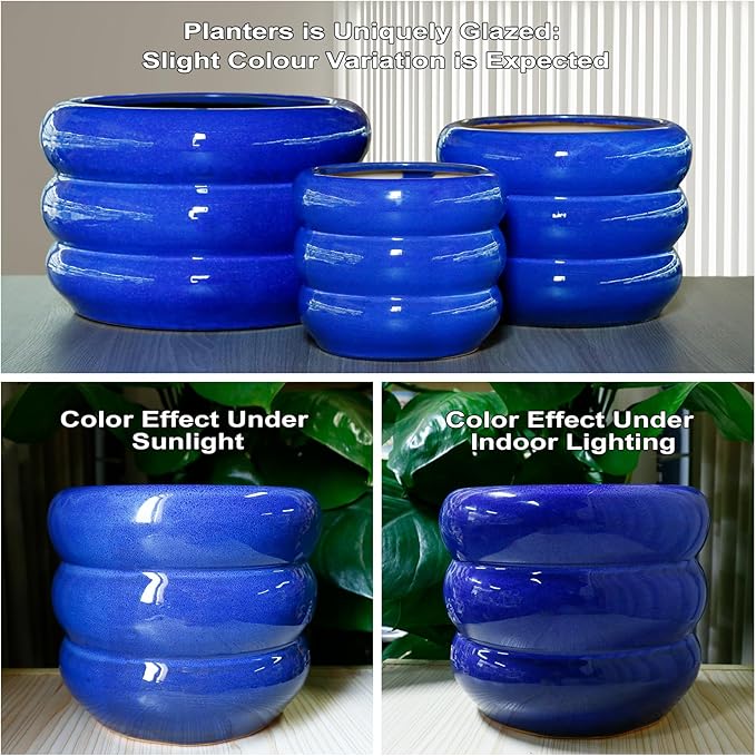 SQOWL 8 Inch Plant Pot - Ceramic Planter Indoor Plant Pot with Drainage Hole Outdoor Flower Pot Round Decorative Plant Pots for Kitchen Counter Desk Decor Blue