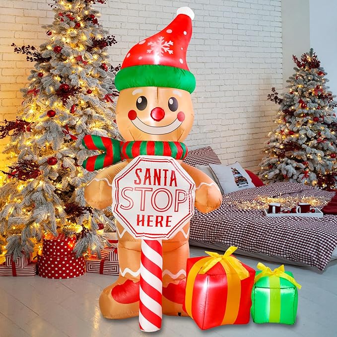 Vipush 7.2 FT Santa Stop Here Sign Christmas Inflatable The Gingerbread Man with LED Lights for Christmas Decorations Indoor Outdoor Yard Lawn Holiday Garden Decorations