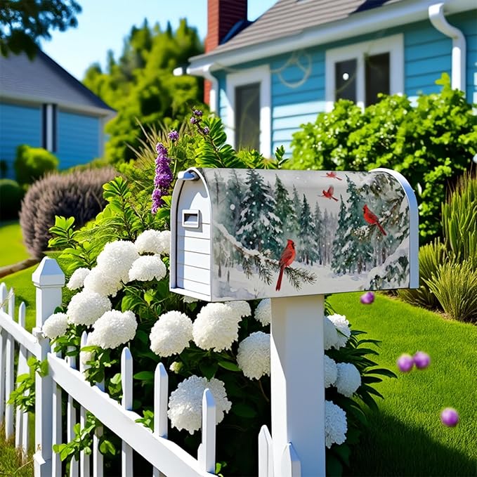Winter Large Mailbox Covers Magnetic Oversized Green Red Cardinal Bird Christmas Tree Snow Scene Theme Outdoor Decorative Holiday Seasonal Letter Box Cases for Home Garden Outside Decor, 25.5x21 Inch