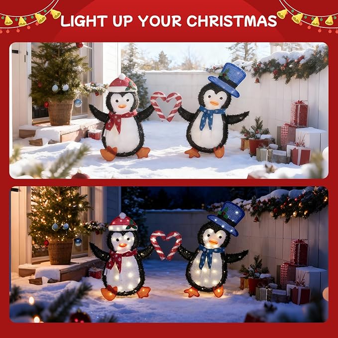Christmas Decorations Penguin Heart String Lights 40L+40L - 30" 32" H Outdoor Fairy Lights with Transformer, 2M Plug-in Cord, Warm White - for Garden, Yard, Patio,