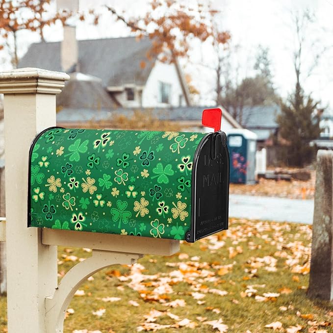 St Patrick's Day Magnetic Mailbox Cover - Standard Size 21 X 25.5 Inch Green Gold Shamrock Design - Post Box Wrap for Outdoor Garden Home Yard Decoration