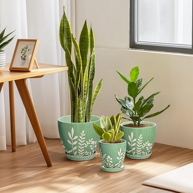 6 Inch Ceramic Planter with Saucer - Boho Flower Pot with Drainage for Succulents, Small Indoor Plant Pot, Desk Room Home Office Decor, Housewarming Gift, Green