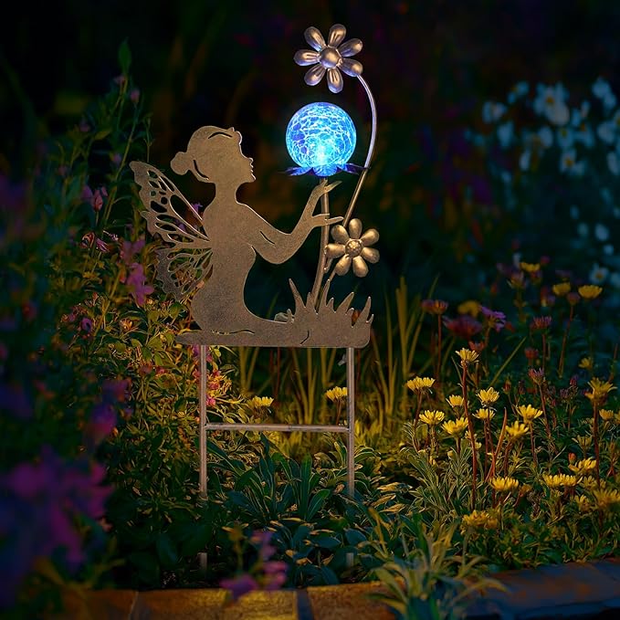 HONGLAND Fairy Solar Lights Garden Decor for Outside, Fairy Figurine Moon Lights Stake Housewarming Gifts for Patio Lawn Yard Pathway Outdoor Home Decor- Unique Gardening Gifts for Women Mom Grandma