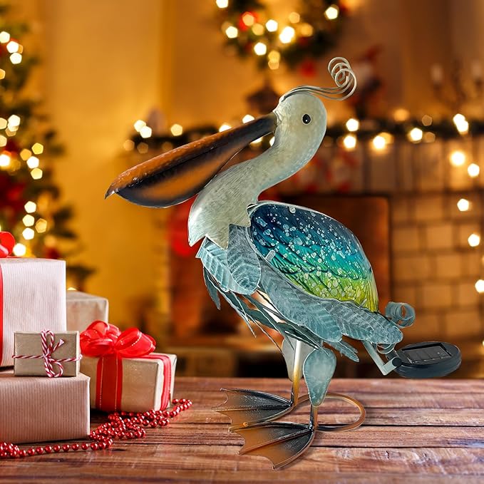 HONGLAND Solar Metal Pelican Statues Garden Sculpture & Statues, 17 Inch Glass Outdoor Pelican Yard Art Coastal Ocean Bird Decor Lawn Ornament for Backyard Porch Patio Decor(Blue-Green)